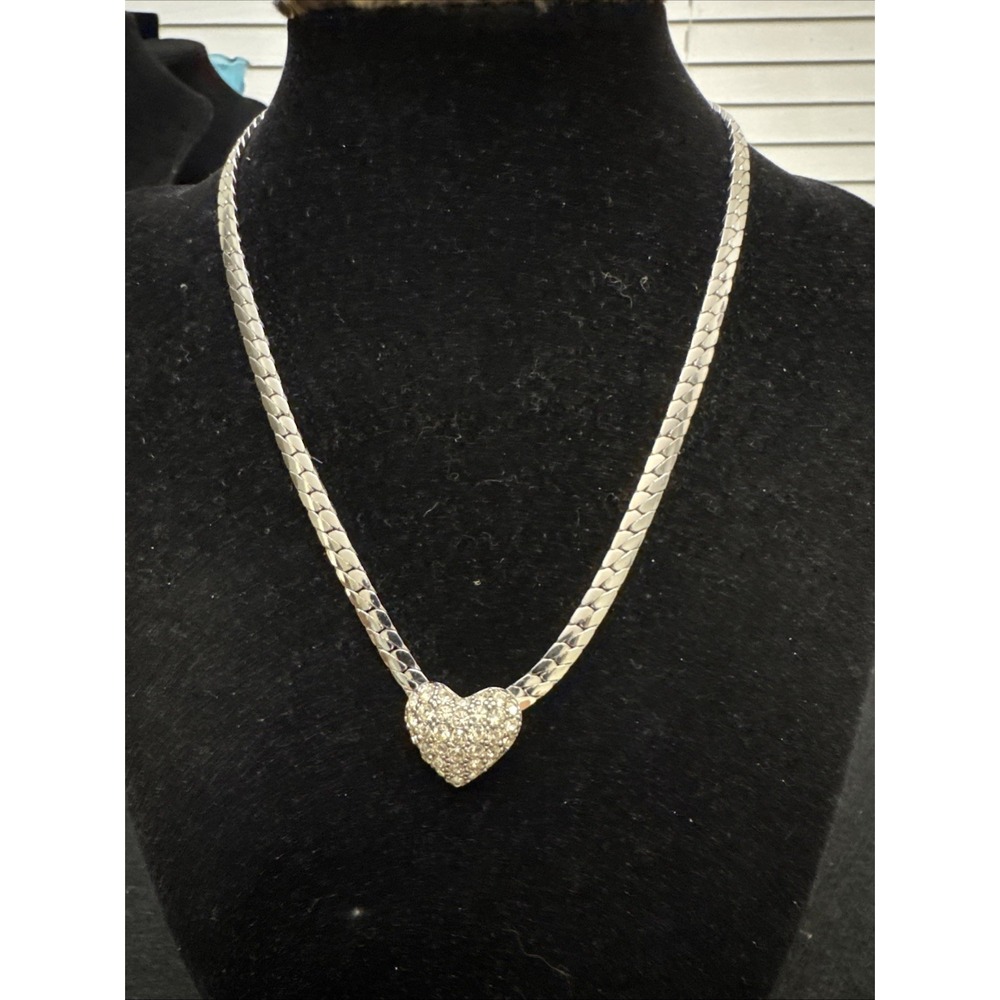 Christian Dior Vintage Silver Tone Heart Necklace Rhinestone Vintage EUC